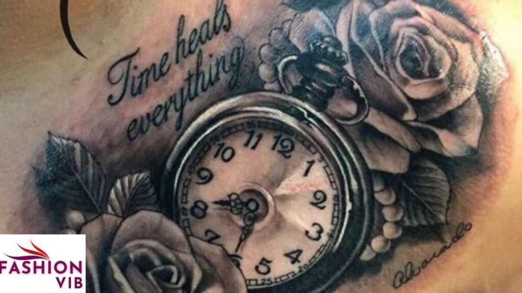 Men’s Clock Tattoos Flower and Clock Tattoo (Rose Clock)