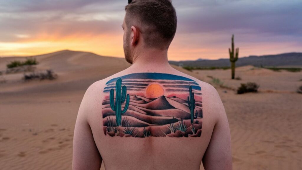 Desert Landscape Tattoos: Cactus, Sand, and Sunset