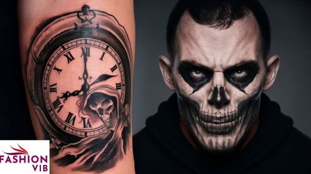 Grim Reaper tattoo with a Clock and Roman Numerals