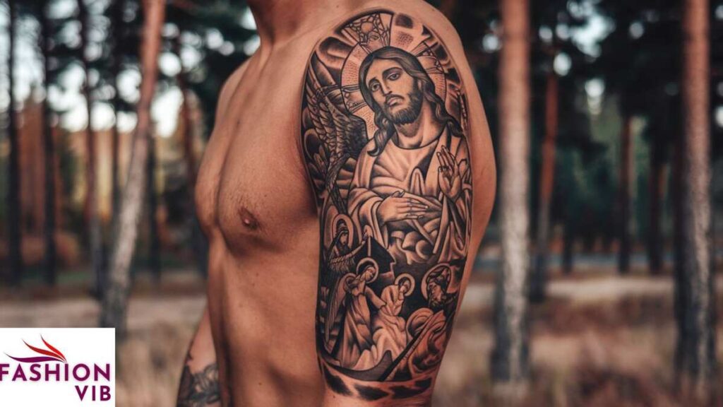 male religious tattoos Religious Sleeve Tattoos